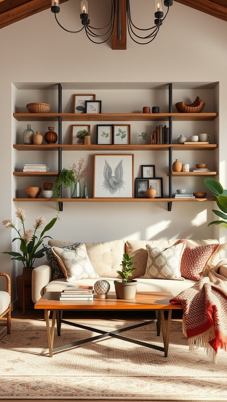 20 Dreamy Ideas for a Romantic Boho Living Room - 19. Open Shelves to Showcase Treasures