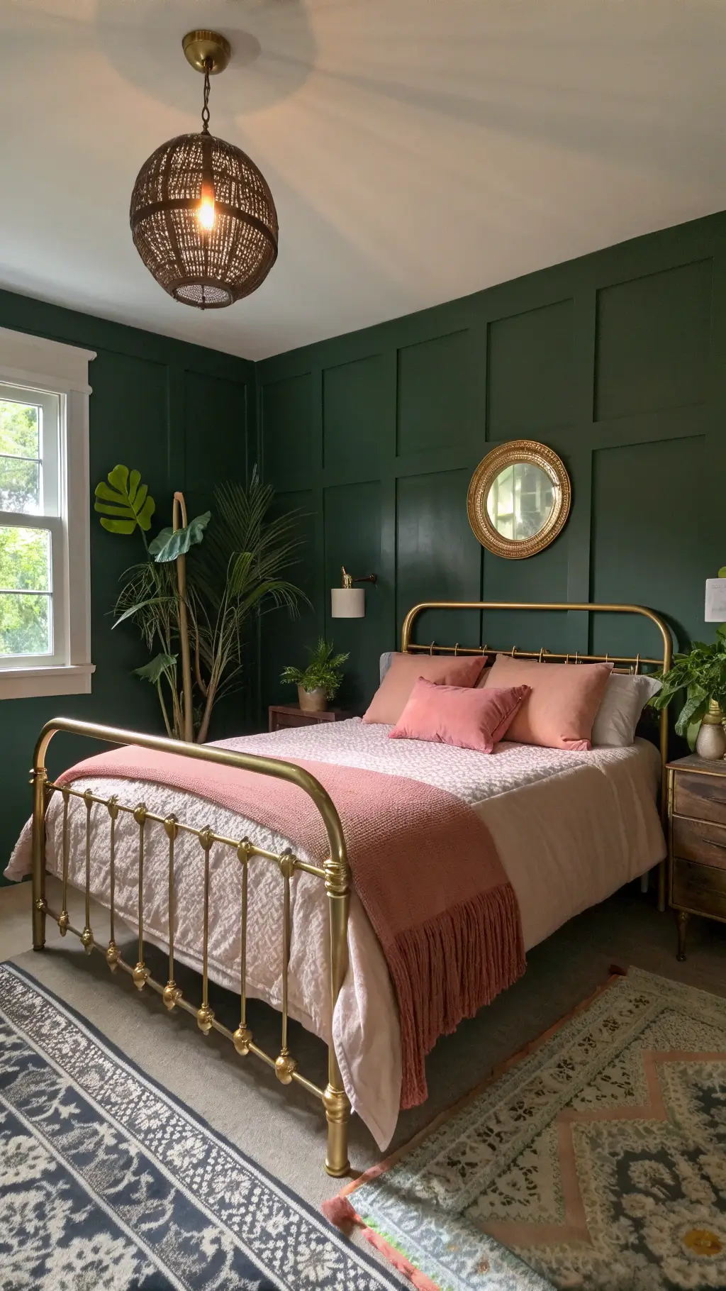 Inviting bedroom with forest green walls, vintage brass bed frame, salmon pink bedding, rattan pendant light, antique mirror, and fiddle leaf fig plant