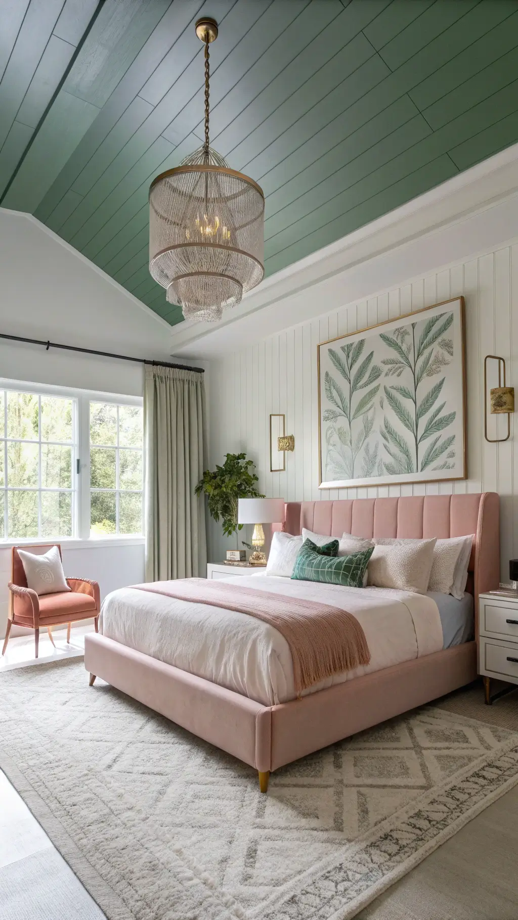 Modern bedroom with sage green ceiling, white walls, blush pink leather platform bed, geometric brass chandelier, and large abstract artwork