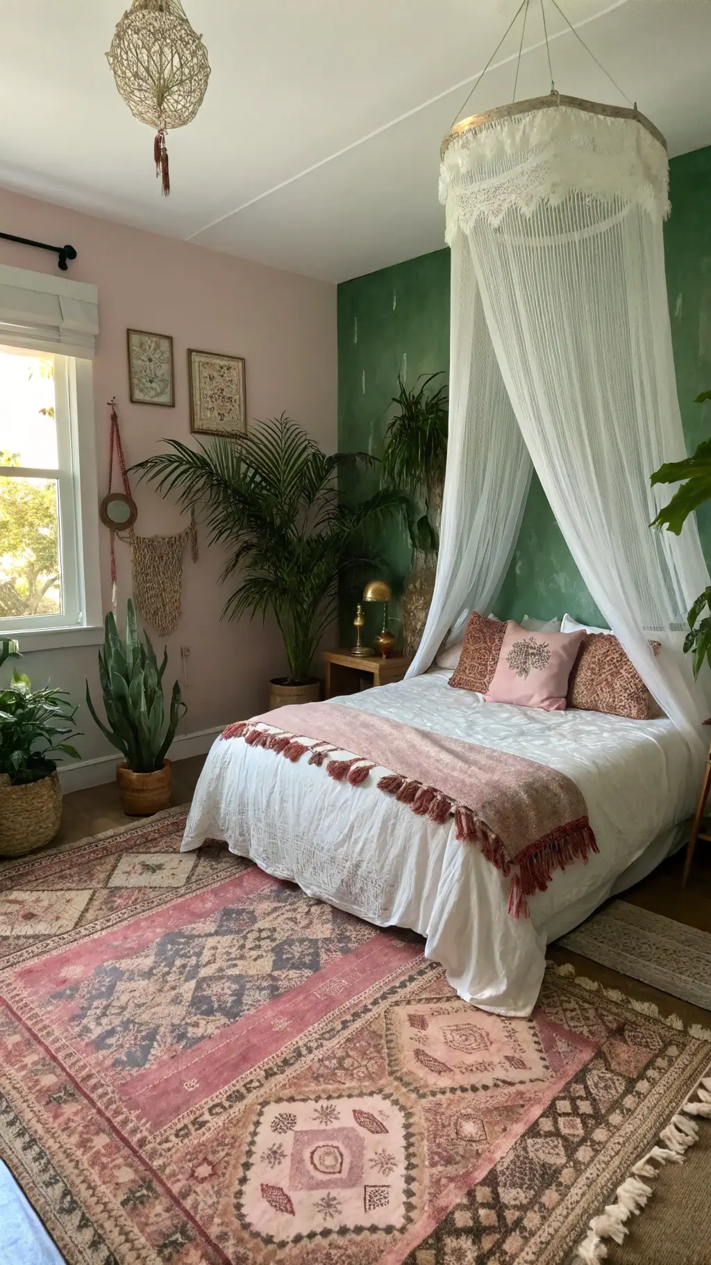 Bohemian bedroom with moss green and pink ombré wall, rose-hued vintage rugs, white canopy bed, macramé wall hangings, mixed metallic accents, and clustered plants