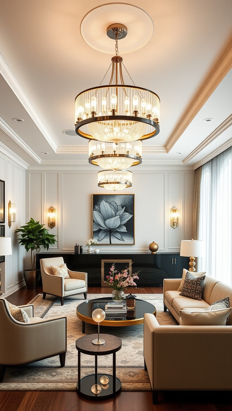 20 Stunning Ideas to Transform Your Living Room with Art Deco Flair - 4. Statement Lighting Fixtures That Wow