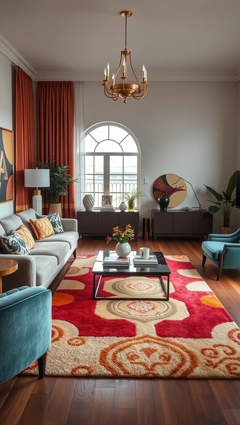 20 Stunning Ideas to Transform Your Living Room with Art Deco Flair - 7. Colorful Area Rugs to Tie the Room Together