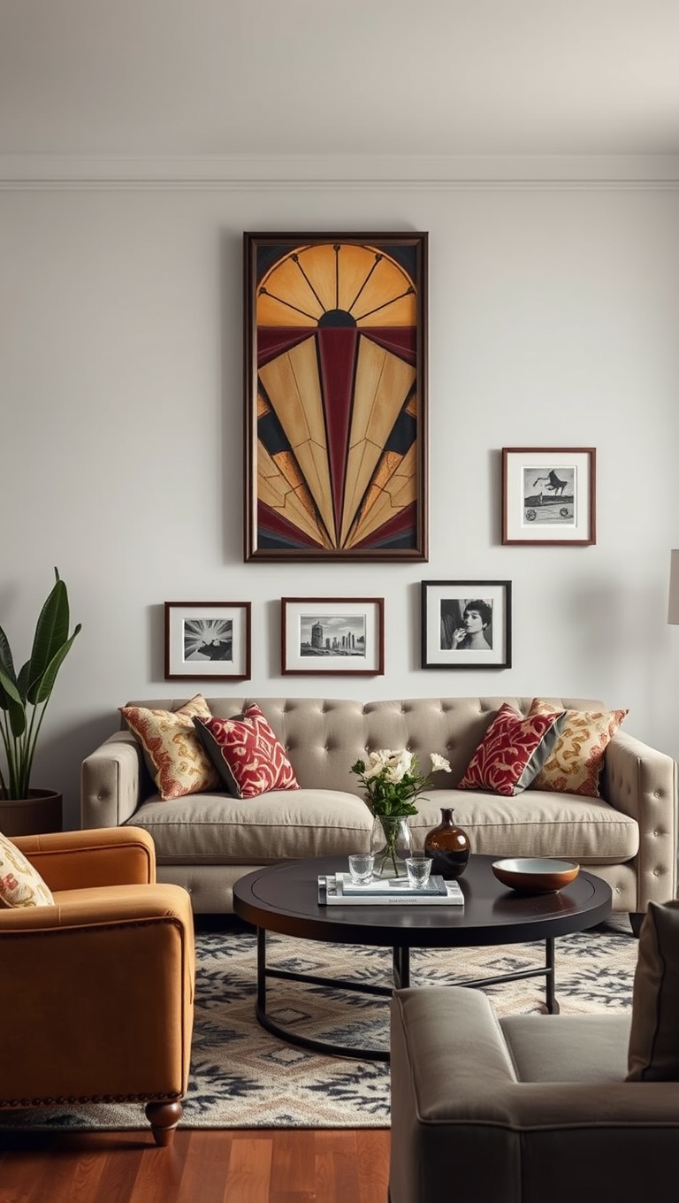 20 Stunning Ideas to Transform Your Living Room with Art Deco Flair - 8. Vintage Art Deco Artwork for Character