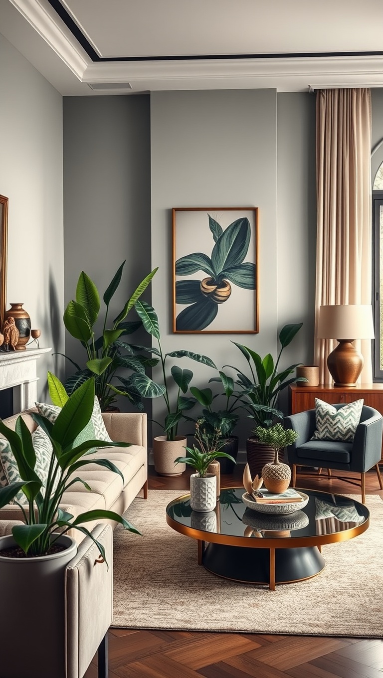20 Stunning Ideas to Transform Your Living Room with Art Deco Flair - 17. Exotic Plants to Liven Up the Space