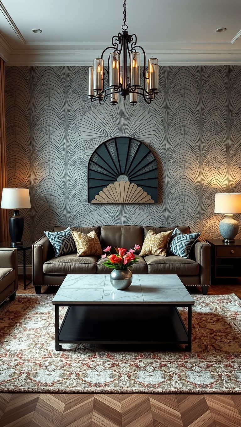 20 Stunning Ideas to Transform Your Living Room with Art Deco Flair - 20. Art Deco-Inspired Wallpaper for a Bold Statement