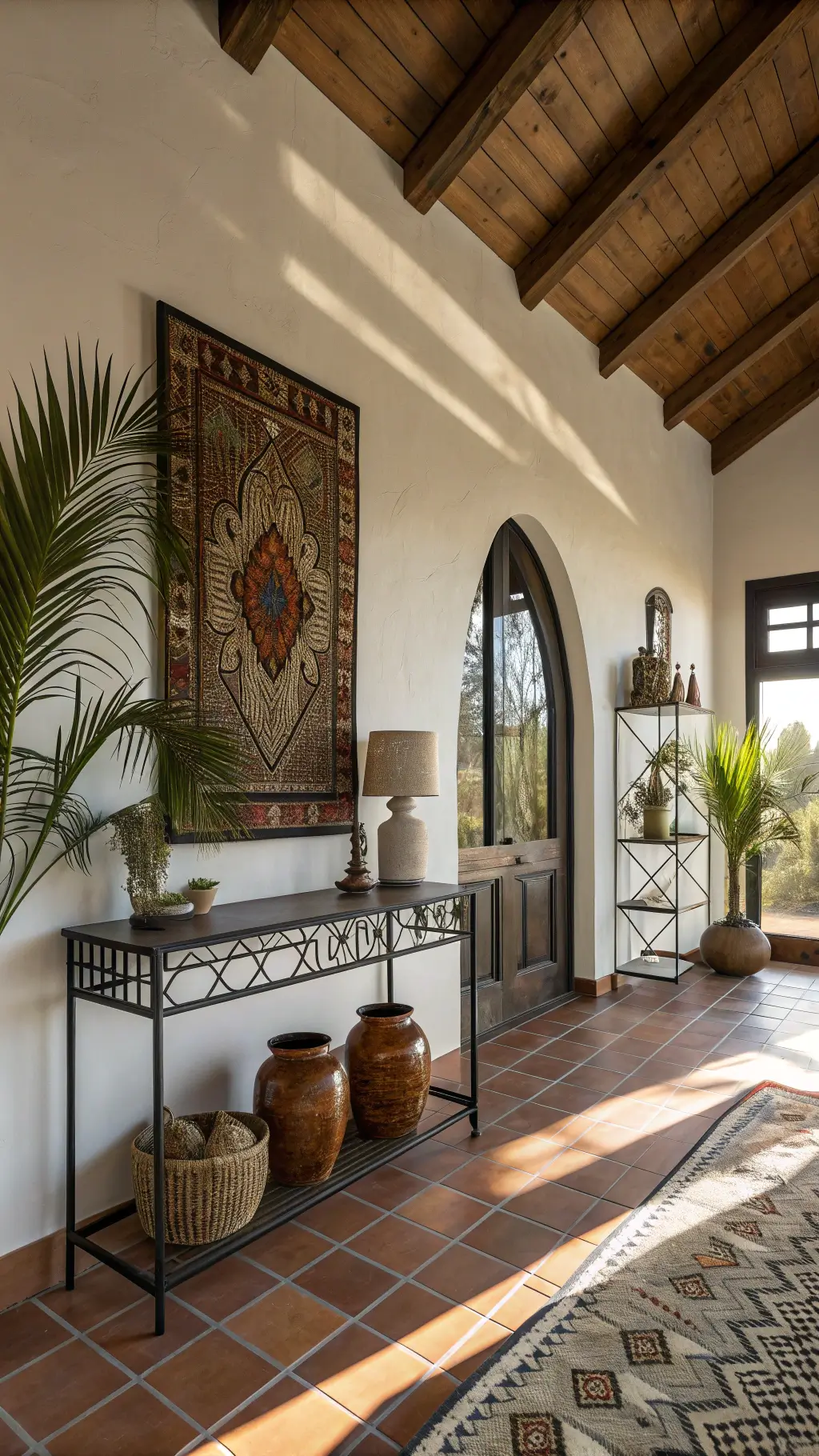 Bohemian entryway with soaring ceilings, exposed wooden beams, large arched mirror, metal table displaying artifacts, lush plants, amber glass vessels, Moroccan leather pouf, vintage blanket ladder, and patterned terracotta flooring illuminated by afternoon sunlight