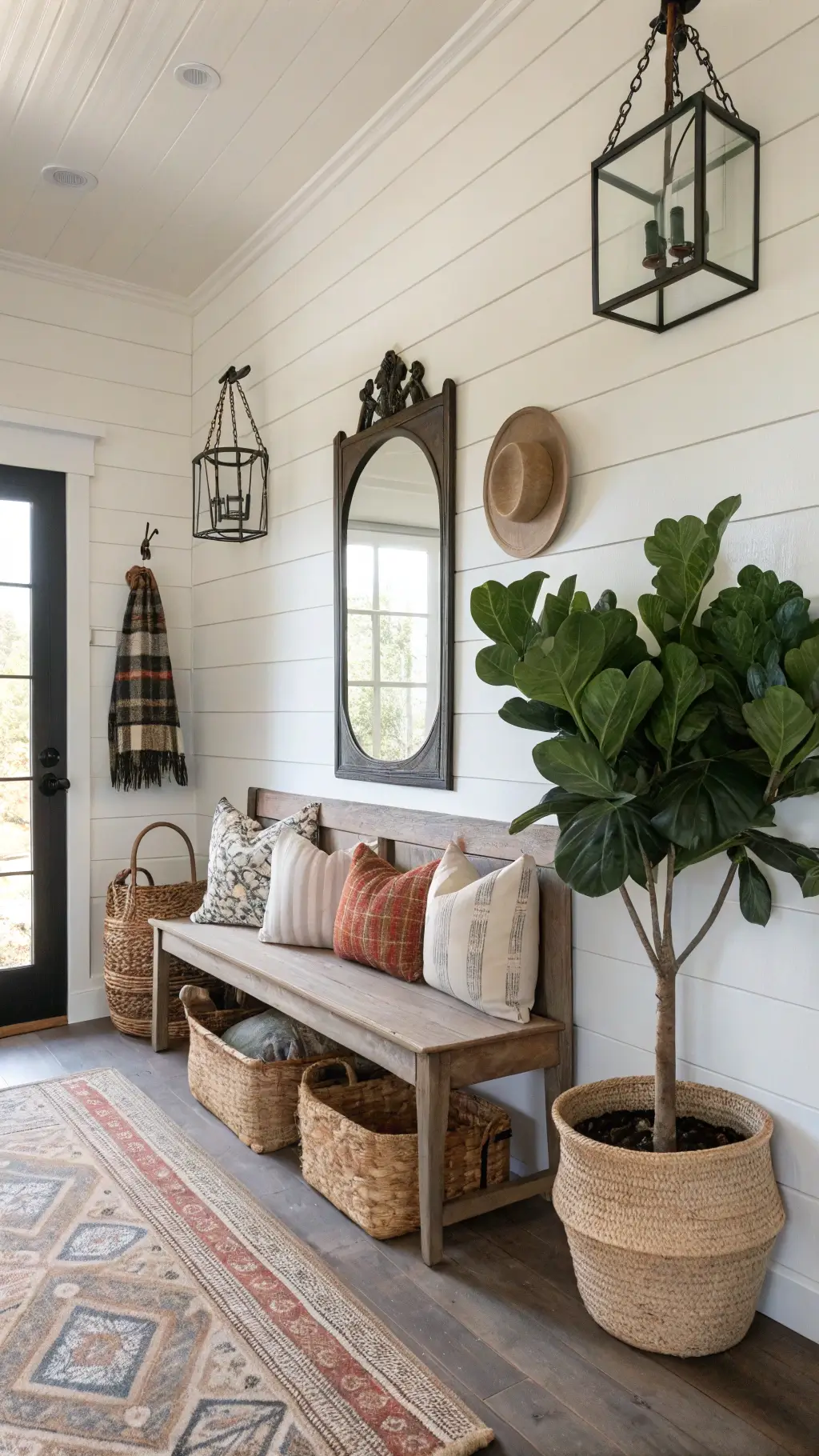 Boho farmhouse entryway with warm white shiplap walls, antique pine bench with mud cloth cushions, vintage kilim pillows, oversized mirror, market baskets, ceramic vessels, fiddle leaf fig tree, and raw wood coat hooks