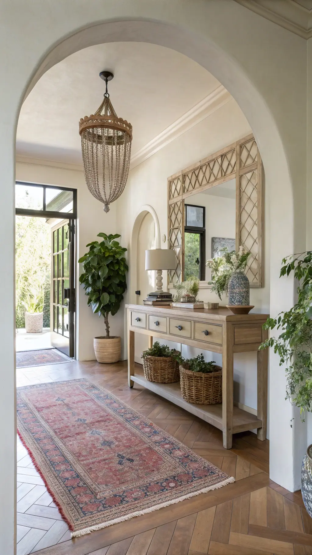 Sunlit foyer with curved archway, oak console, vintage Turkish rug, macramé wall art, metal mirrors, wall-mounted planters, and handwoven pendant light