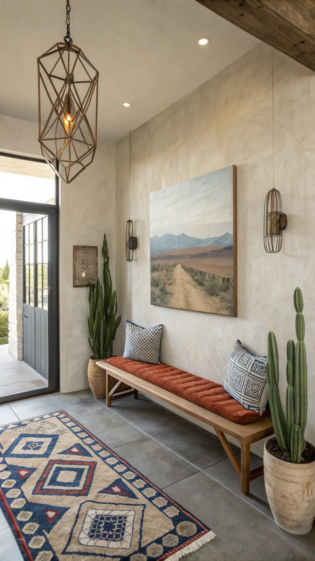 Minimalist boho entryway with wooden bench, abstract artwork, ceramic planters with cacti, and brass mobile under soft natural light