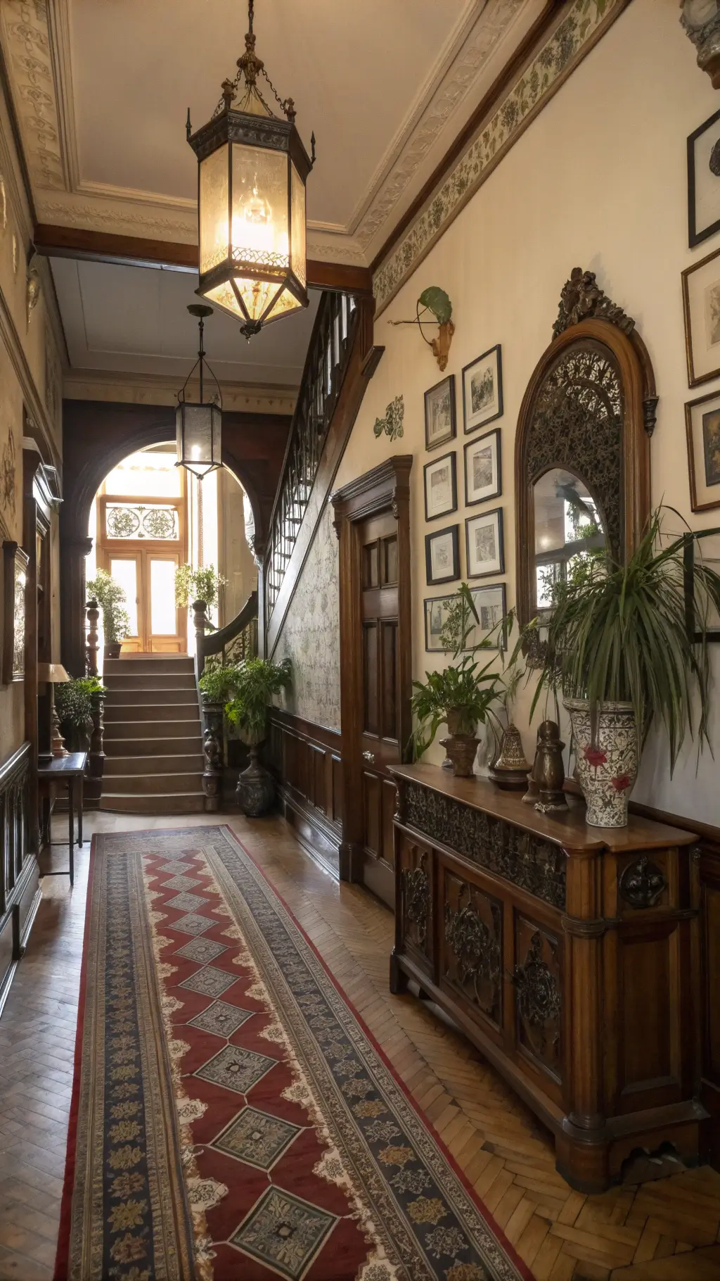 Victorian-style entryway with antique wooden console, eclectic gallery wall, hanging plants in brass planters, and Moroccan lantern