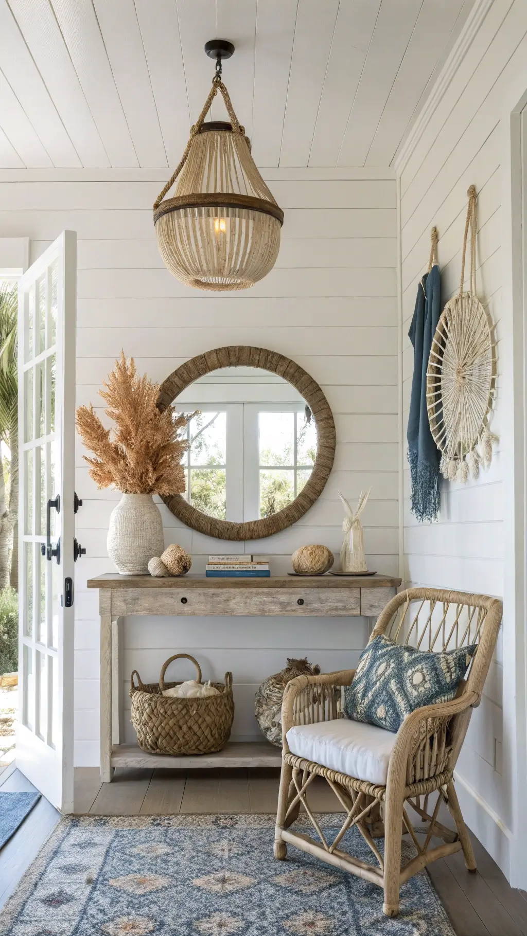 Coastal boho entryway with whitewashed wood paneling, natural fiber pendant light, coral and driftwood collection on seagrass table, oversized rope-framed mirror, woven chair with sheepskin throw, and vintage indigo textiles highlighting indoor-outdoor flow in bright light
