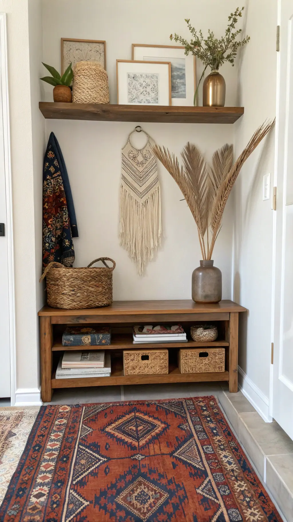 Modern boho entry nook with floating wooden shelf, vintage rugs, oversized dried palm fronds in vase, curated collectibles on shelves, handwoven wall hanging, and soft ambient lighting