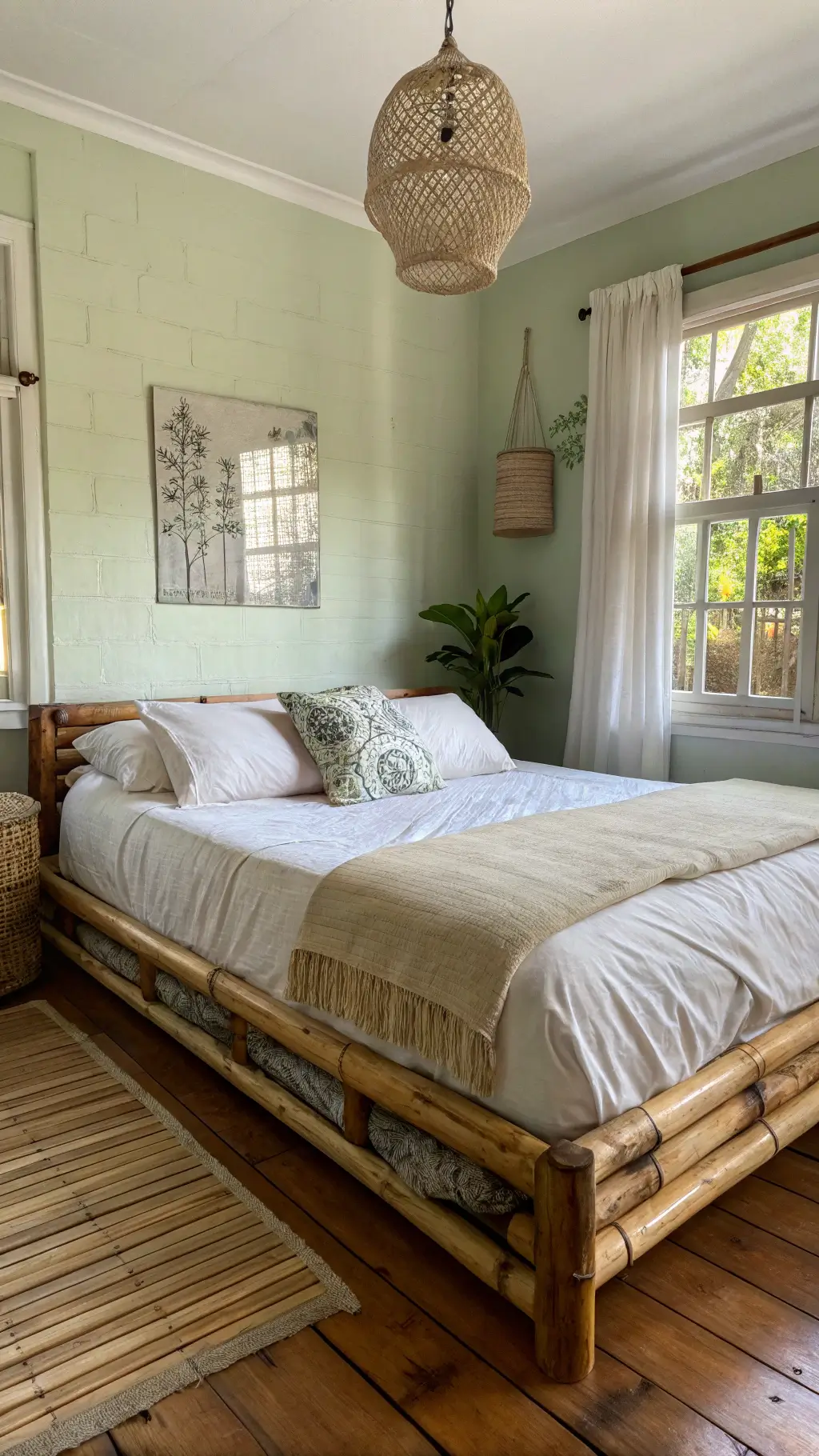 Bamboo bed with rumpled linen in a cozy bedroom corner at dawn, accented by ceramic pendant lamp, meditation cushions, and vintage wooden flooring