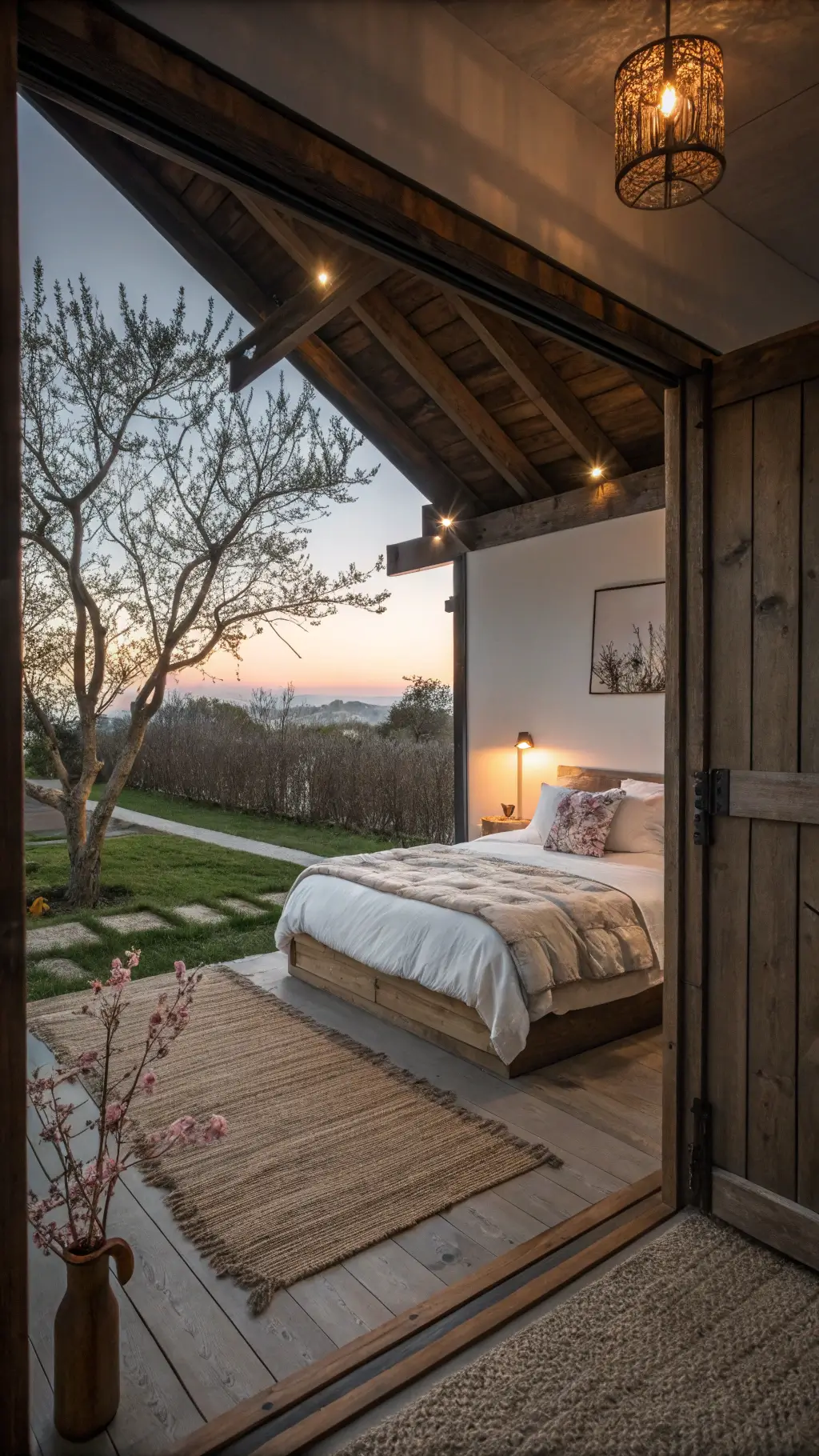 Spacious master bedroom at dusk with low-lying bed made from old barn wood, cotton sheets and wool blankets, copper reading lamp on uneven plastered walls, handwoven grass mat, cherry blossoms in a crackle-glazed vase illuminated by natural copper-toned lights.