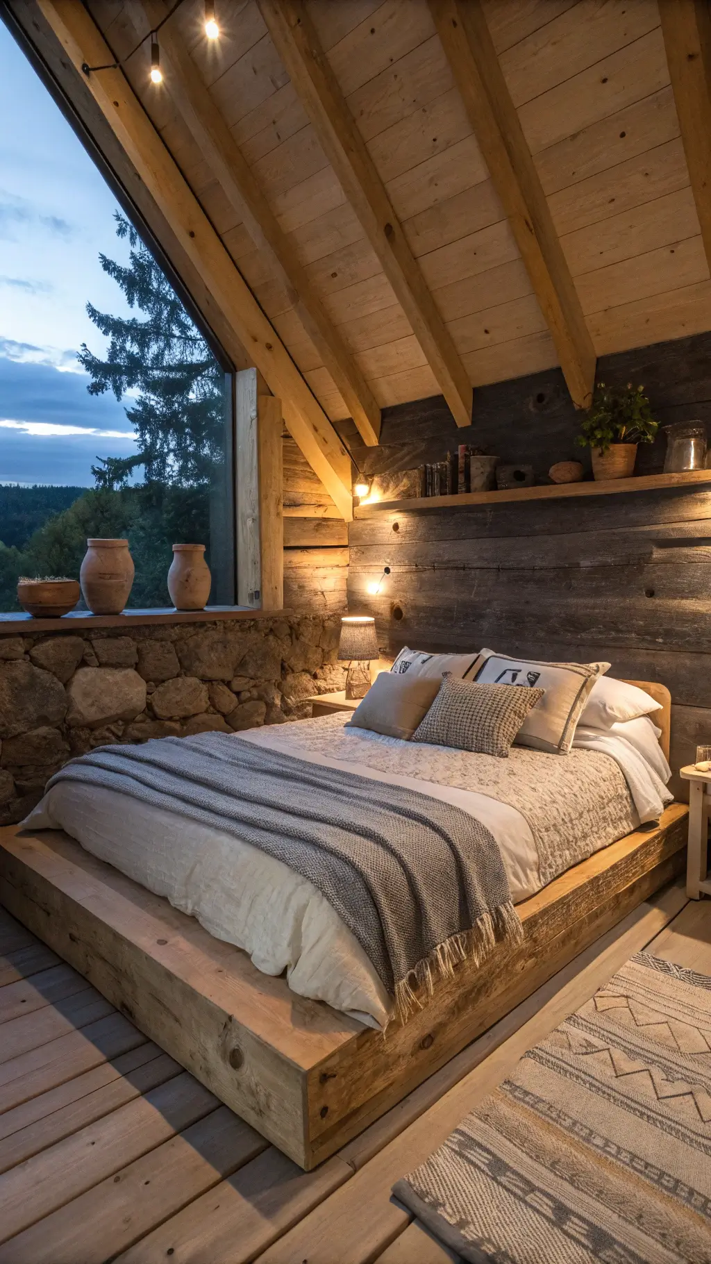 Cozy bedroom alcove with platform bed made of salvaged pine during blue hour. Bedding in shades of grey and cream. Collection of hand-thrown clay vessels on rough floating shelf. Soft warm indirect lighting.