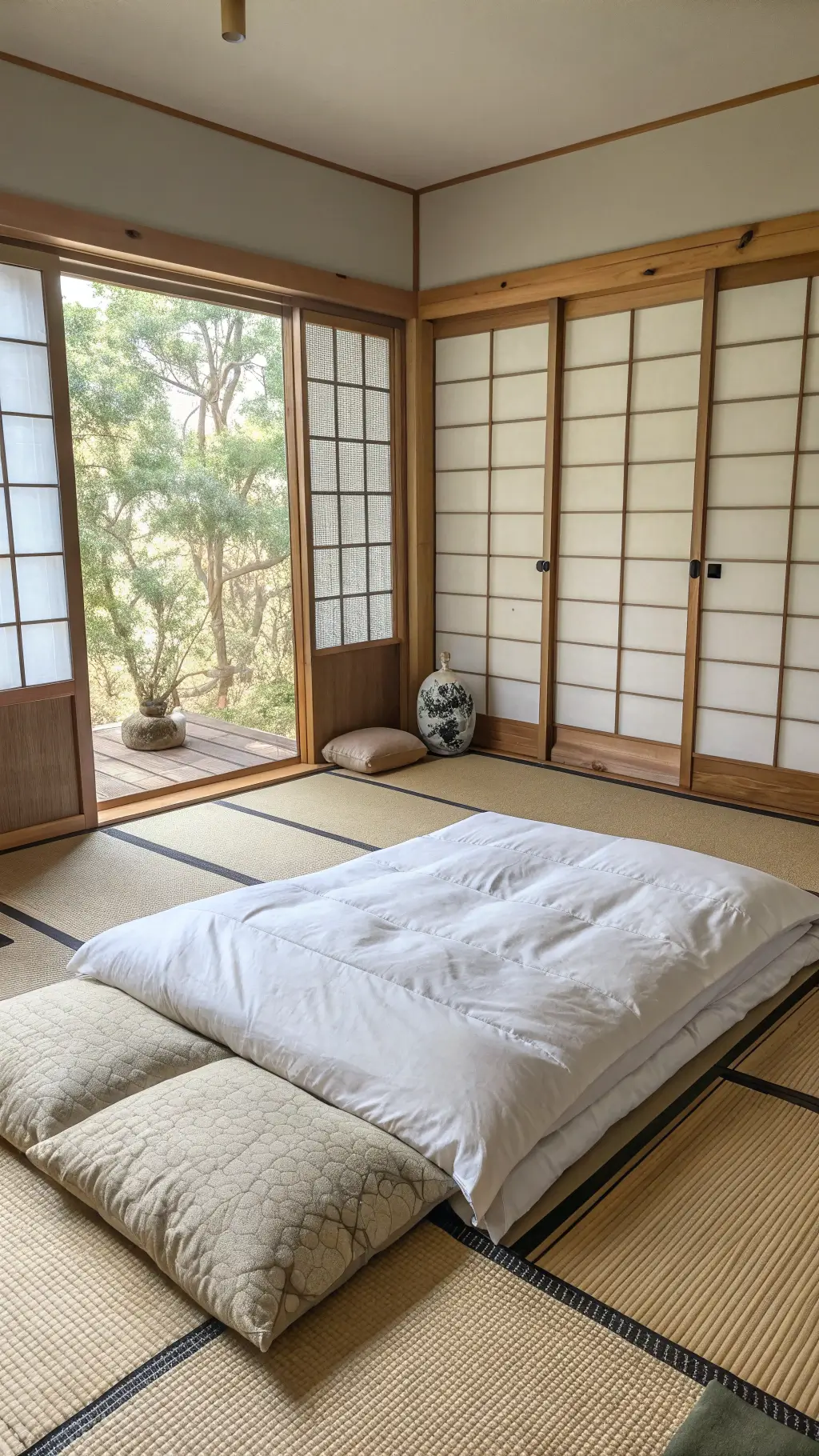 Minimalist Japanese 15x15ft bedroom at midday featuring a low futon on tatami mats, shoji screens with paper repairs, bedding in white and neutral tones, an ikebana arrangement, vintage ceramic vessel, natural light filtering creating tranquil atmosphere.