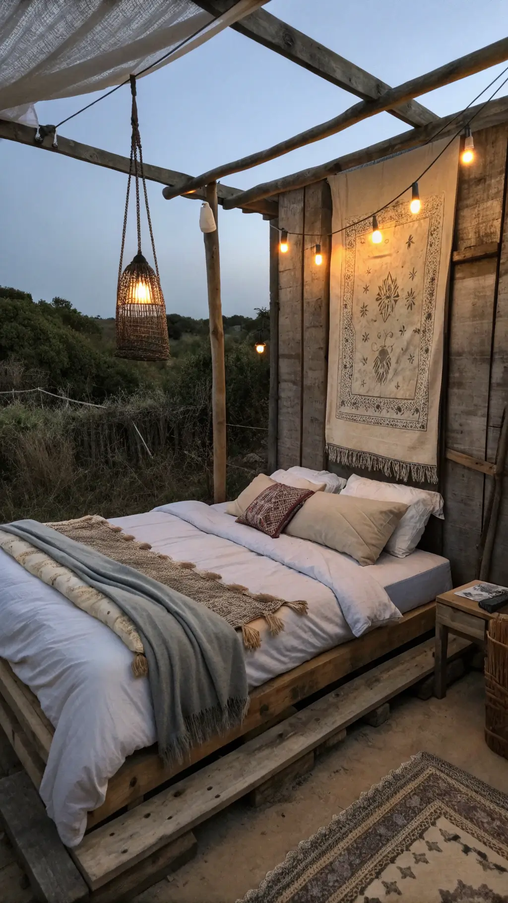 Twilight view of an atmospheric 12x14ft bedroom featuring aged driftwood bed with raw silk sheets, hand-loomed blankets, and naturally dyed pillows, clay pendant lights creating warm lighting, antique textile on a vintage wall.