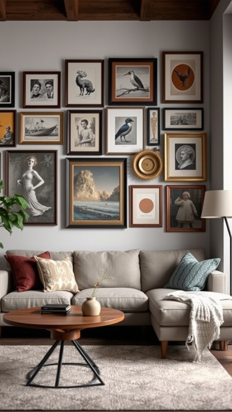 20 Fun Ideas to Create an Eclectic Gallery Wall in Your Living Room - Use Vintage Finds