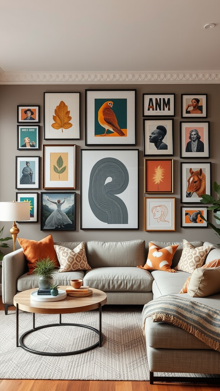 20 Fun Ideas to Create an Eclectic Gallery Wall in Your Living Room - Mix Art Styles
