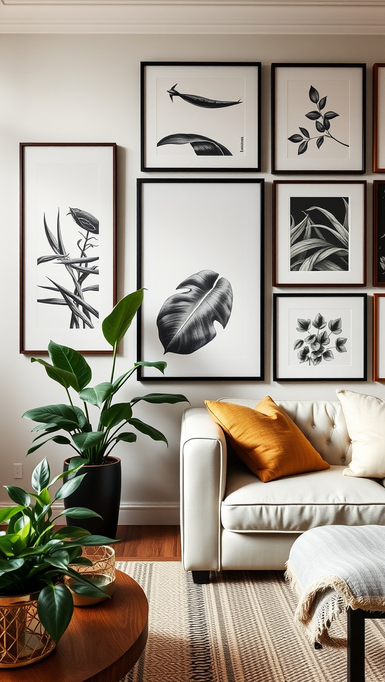 20 Fun Ideas to Create an Eclectic Gallery Wall in Your Living Room - Incorporate Nature with Plants