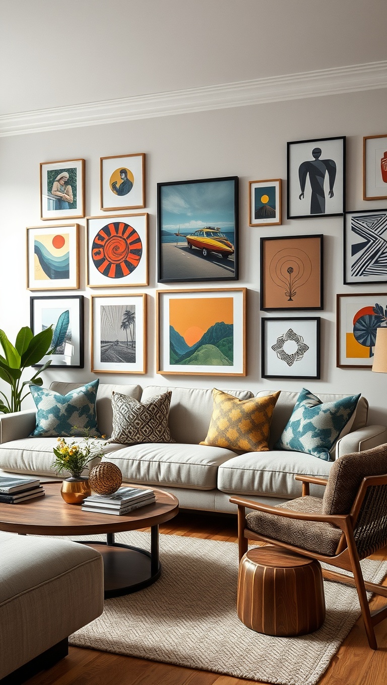 20 Fun Ideas to Create an Eclectic Gallery Wall in Your Living Room - Incorporate Local Art