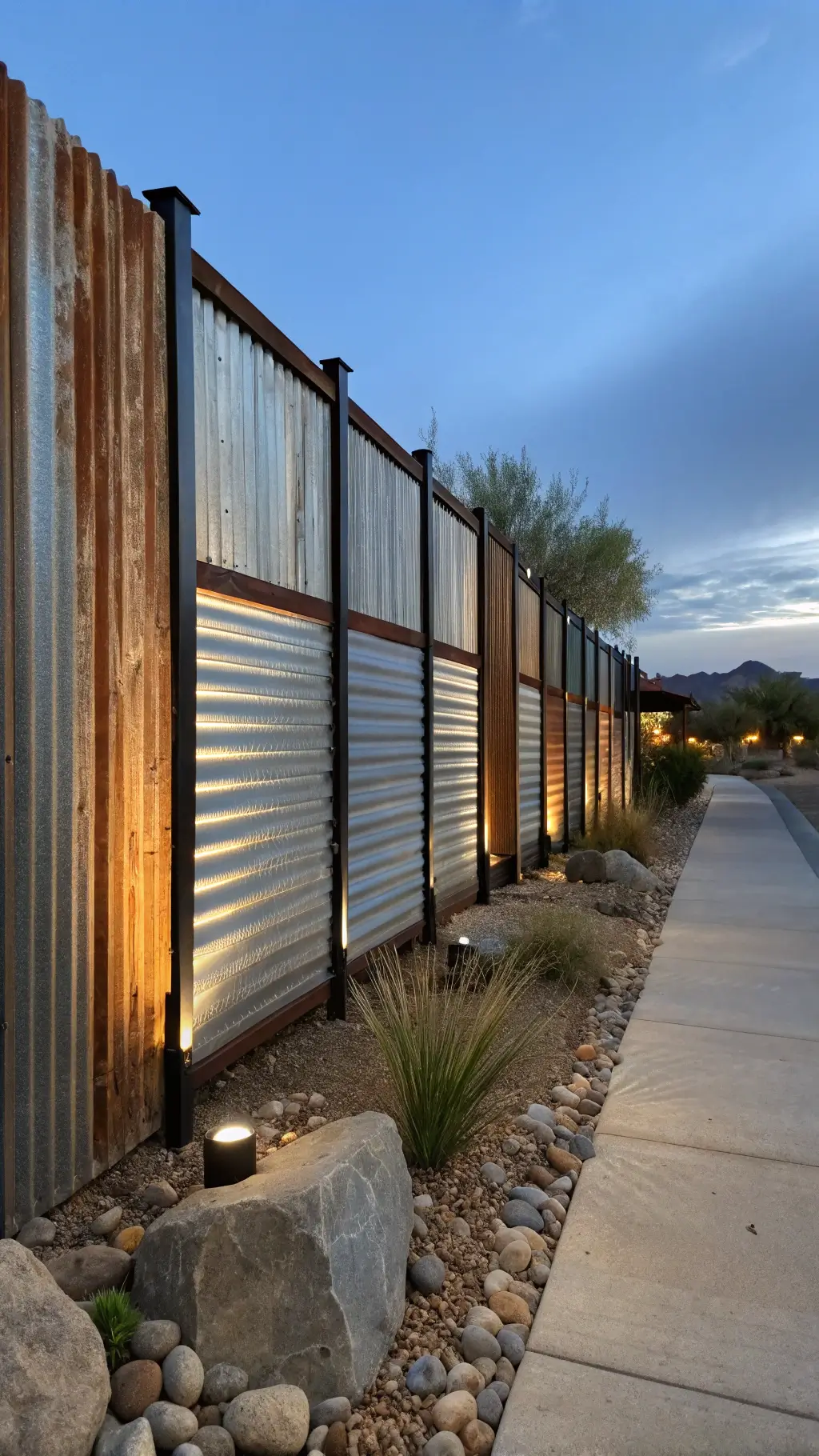 corrugated industrial-chic fence with alternating silver and rust-toned panels photographed during blue hour, highlighted by led uplighting complemented desert plants river rock landscaping.