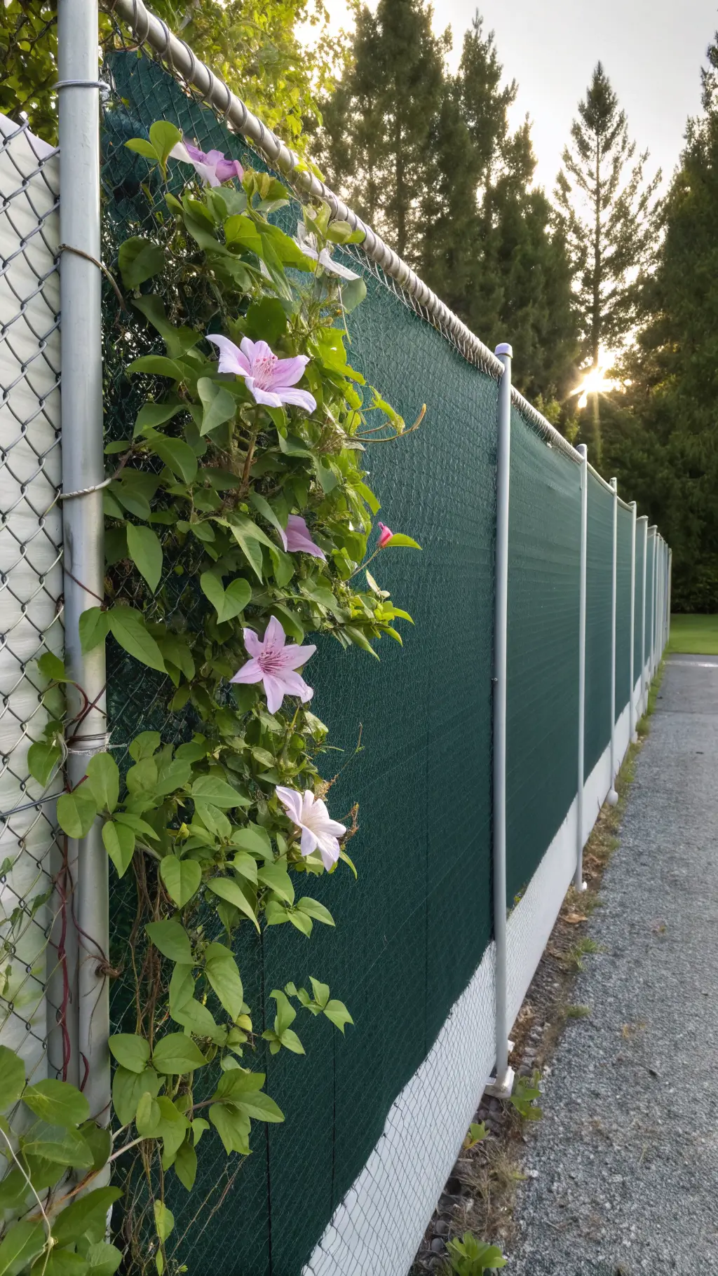 alternating sections of dark green privacy mesh and blooming clematis vines on a chain-link fence in morning light with dew drops leaves bokeh effect the garden background