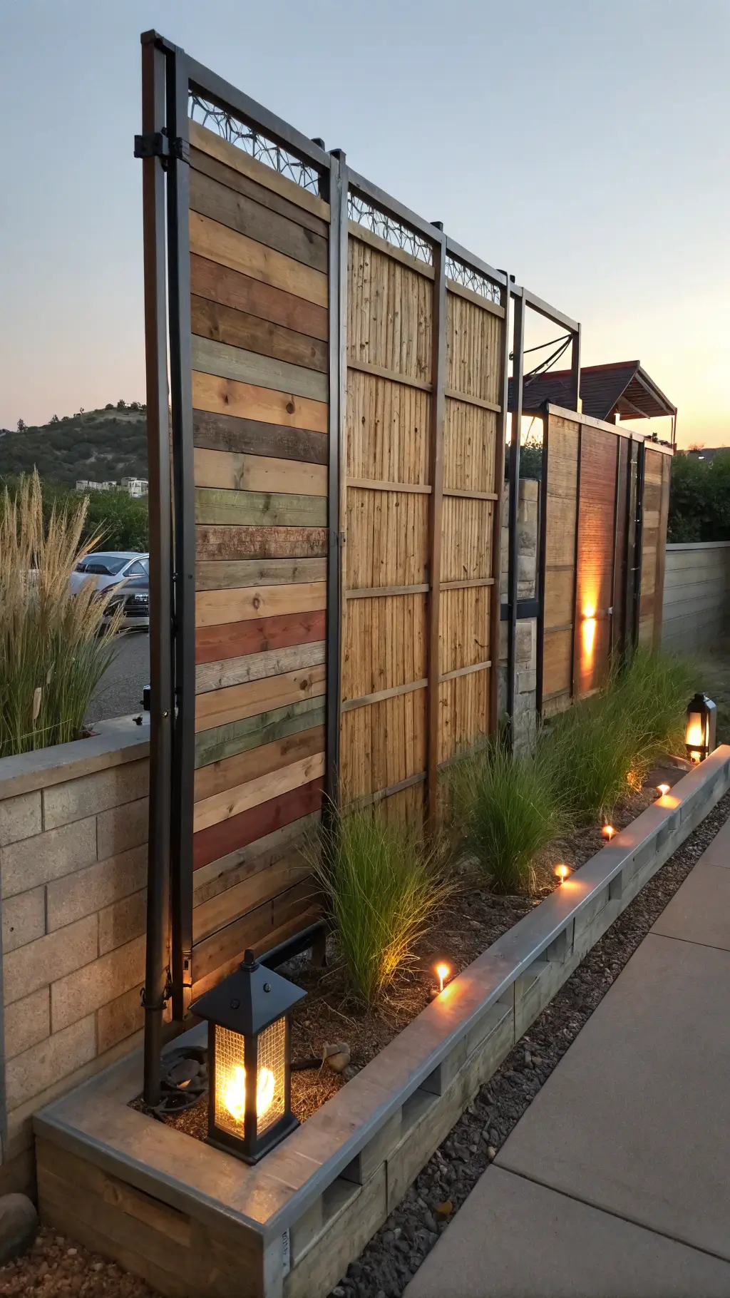 sustainable privacy screen at sunset featuring reclaimed pallets, bamboo panels, and metal accents, illuminated by fairy lights copper lanterns, accompanied planter boxes with ornamental grasses