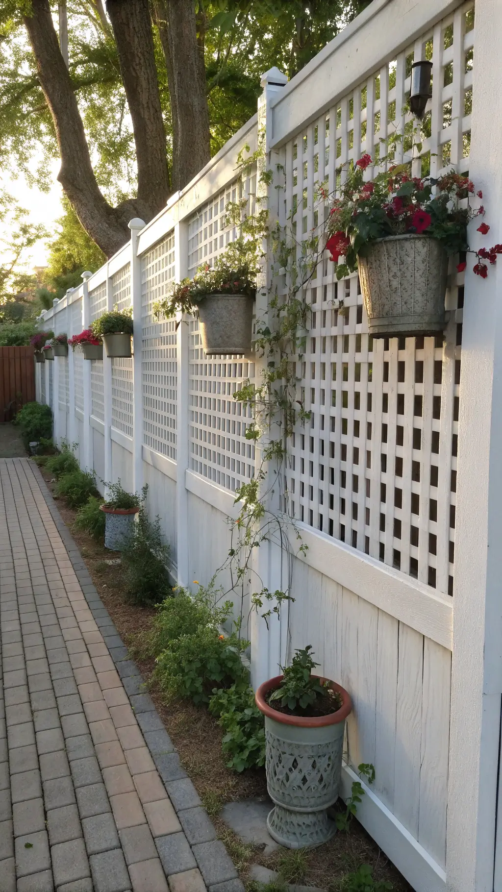 budget-friendly white lattice privacy wall with flowering vines and hanging plants in soft afternoon light