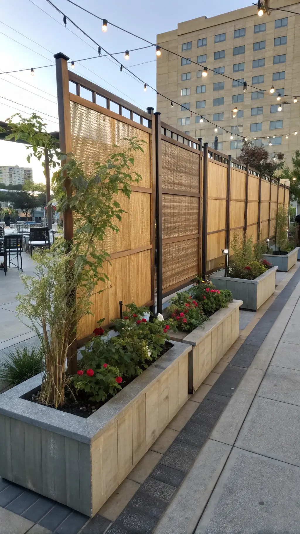 multi-panel seasonal adaptive screen in bright midday sun with removable fabric sections, natural reed screening, summer flowering vines, string lights, and integrated planter boxes modern concrete planters at the corners