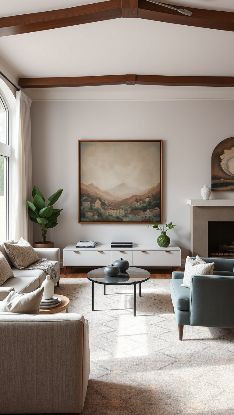 25 Stunning Ideas to Transform Your Transitional Living Room - 15. Art That Bridges Past and Present