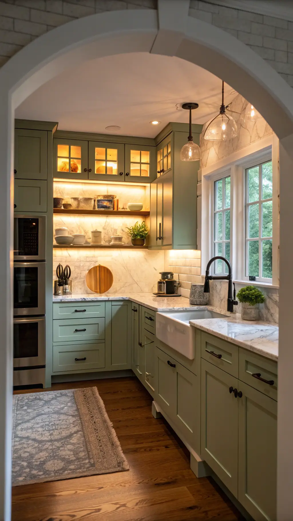 cozy 10x12 ft transitional kitchen with sage green lower cabinets, white uppers, marble-look backsplash, farmhouse sink, and matte black faucet
