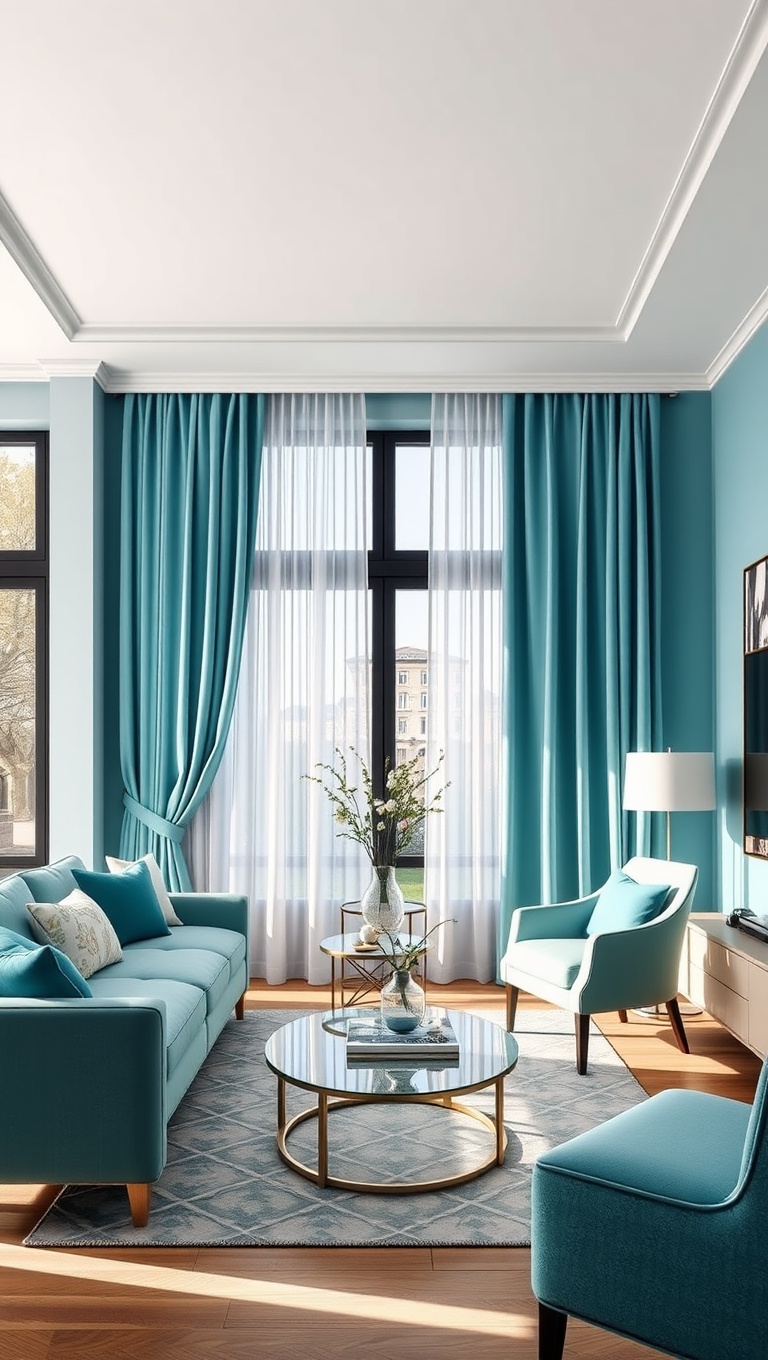 25 Stunning Ideas to Transform Your Living Room with Aqua Colors - 7. Elegant Aqua Curtains for Soft Light