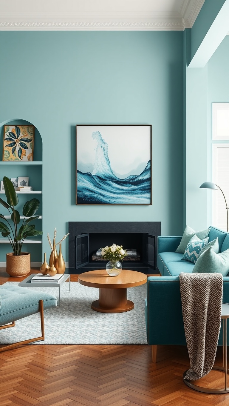 25 Stunning Ideas to Transform Your Living Room with Aqua Colors - 5. Aqua Artwork that Speaks to Your Soul
