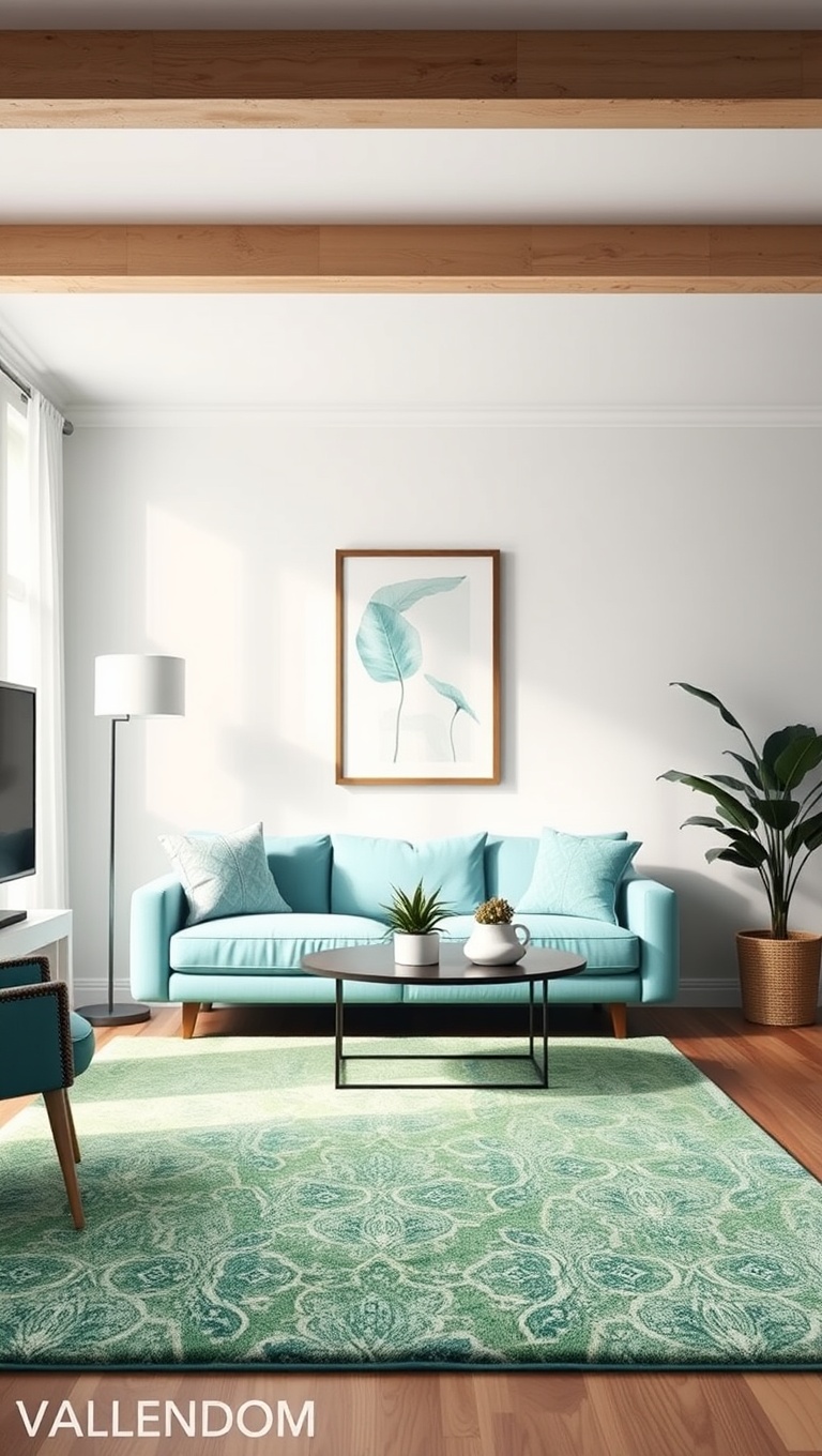 25 Stunning Ideas to Transform Your Living Room with Aqua Colors - 4. Vibrant Aqua Rugs for a Pop of Color