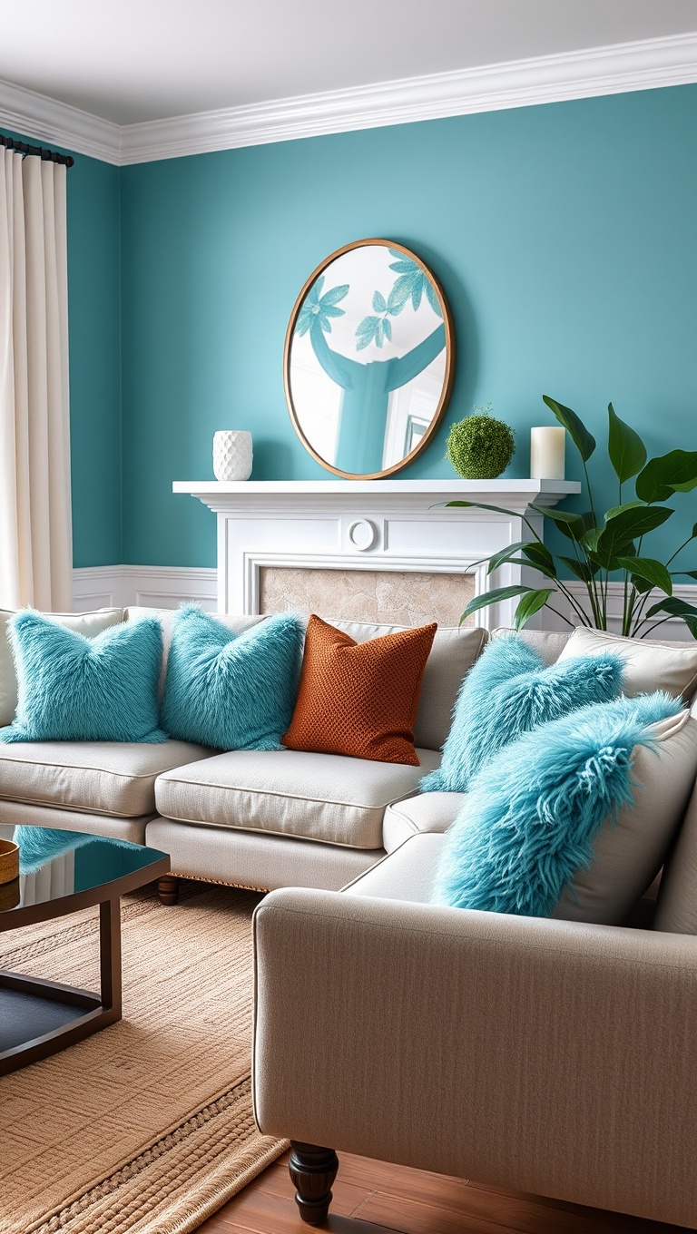 25 Stunning Ideas to Transform Your Living Room with Aqua Colors - 3. Cozy Aqua Throw Pillows to Snuggle Up With