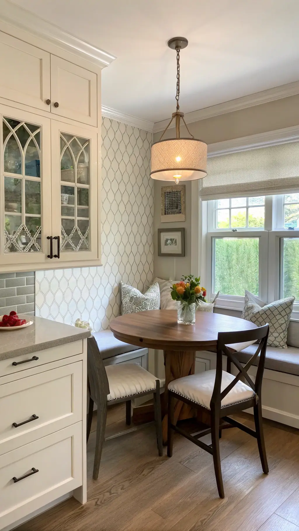 cozy kitchen nook with cream cabinets, refinished wood table, mixed chairs, and modern pendant lighting in cottage style