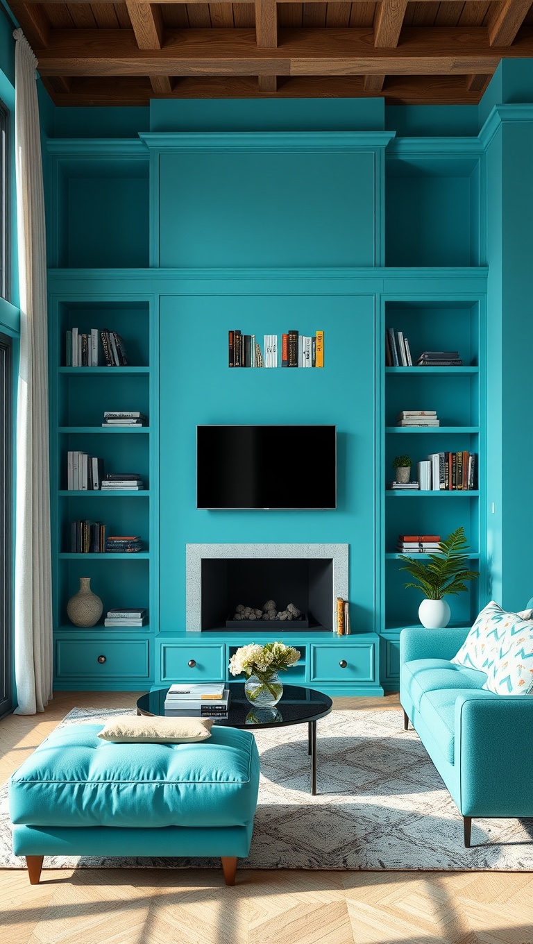 25 Stunning Ideas to Transform Your Living Room with Aqua Colors - 12. Aqua Bookshelves for a Splash of Color