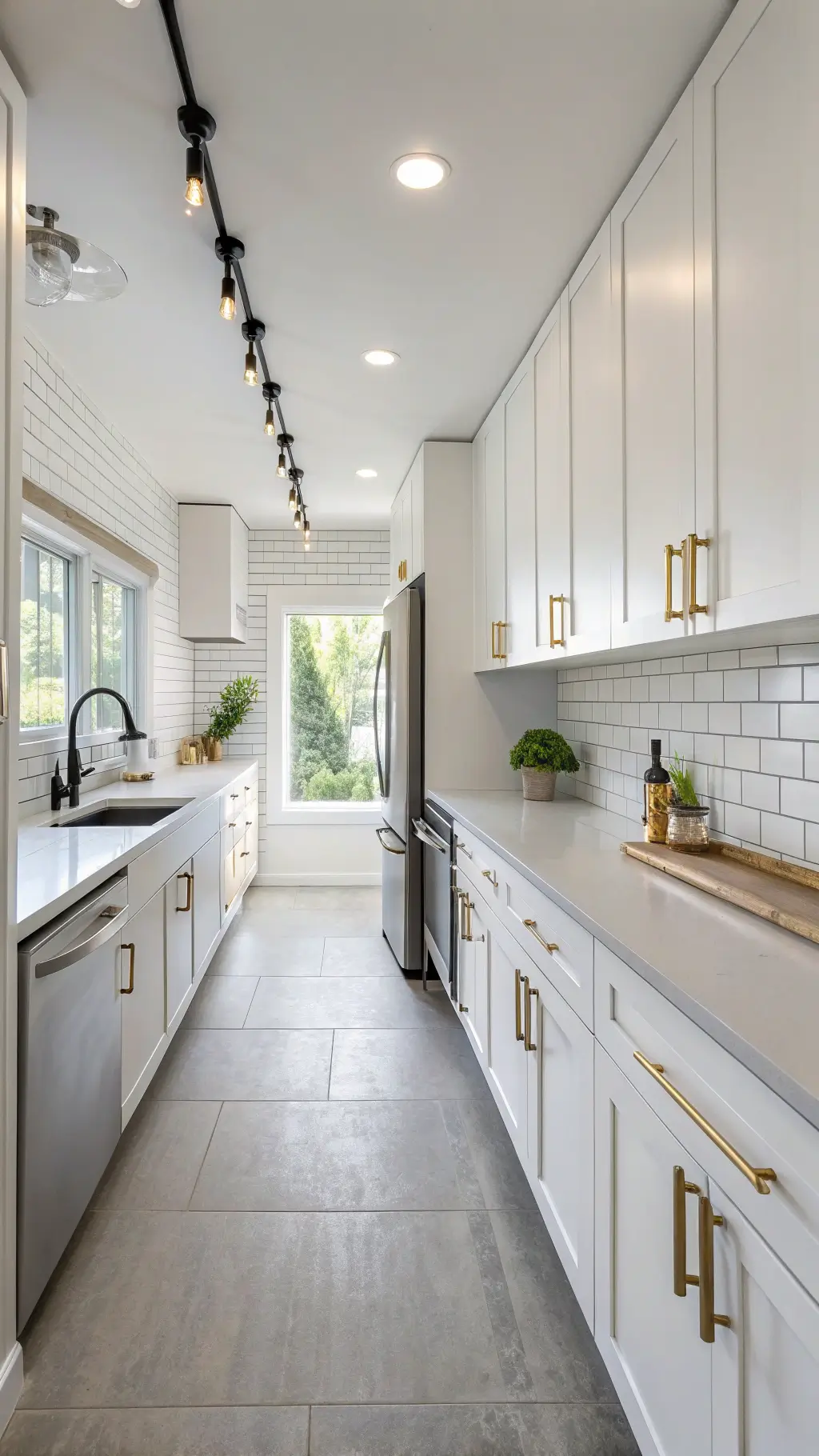 minimalist Scandinavian galley kitchen with white cabinets, gold handles, concrete-look countertops, subway tile backsplash, and LED track lighting