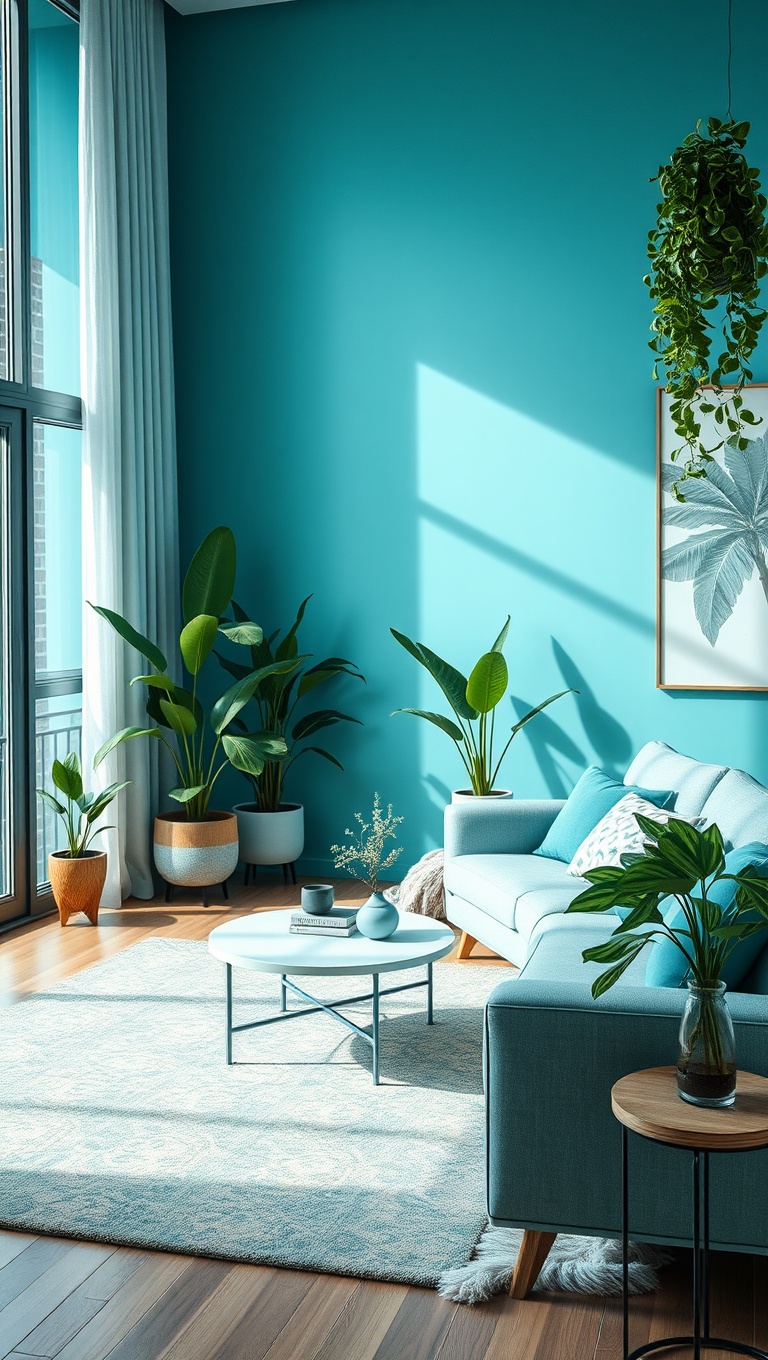 25 Stunning Ideas to Transform Your Living Room with Aqua Colors - 17. Aqua Plants and Greenery for Fresh Air