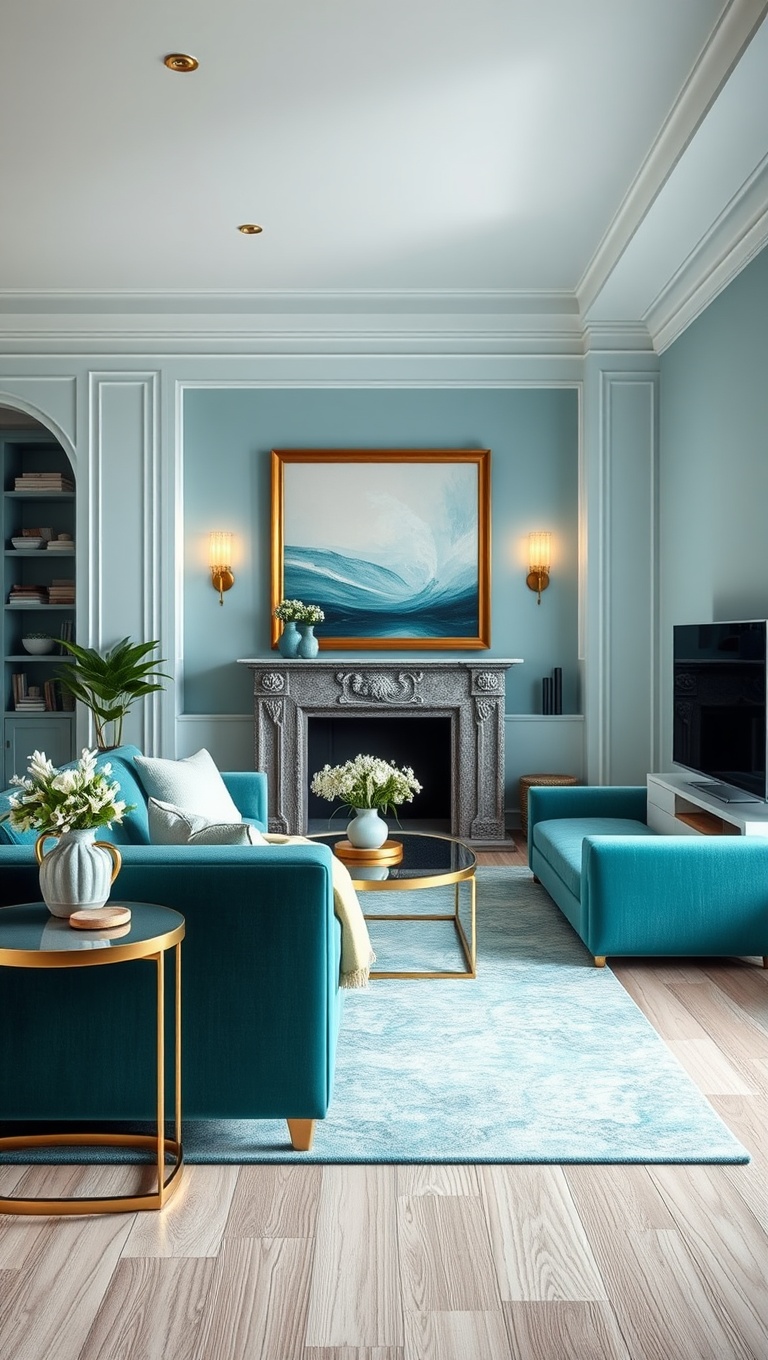 25 Stunning Ideas to Transform Your Living Room with Aqua Colors - 15. Aqua and Gold Accents for a Touch of Glam