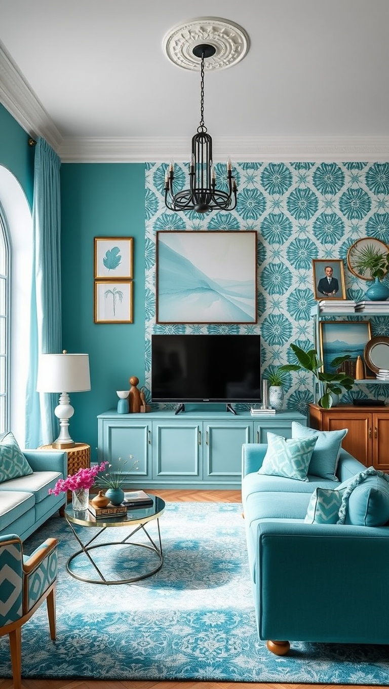 25 Stunning Ideas to Transform Your Living Room with Aqua Colors - 16. Playful Aqua Patterns for an Eclectic Look