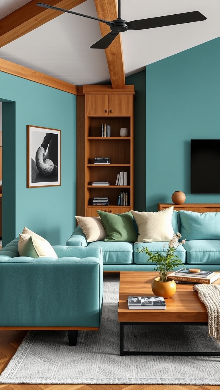 25 Stunning Ideas to Transform Your Living Room with Aqua Colors - 23. Mixing Aqua with Wood for Warmth