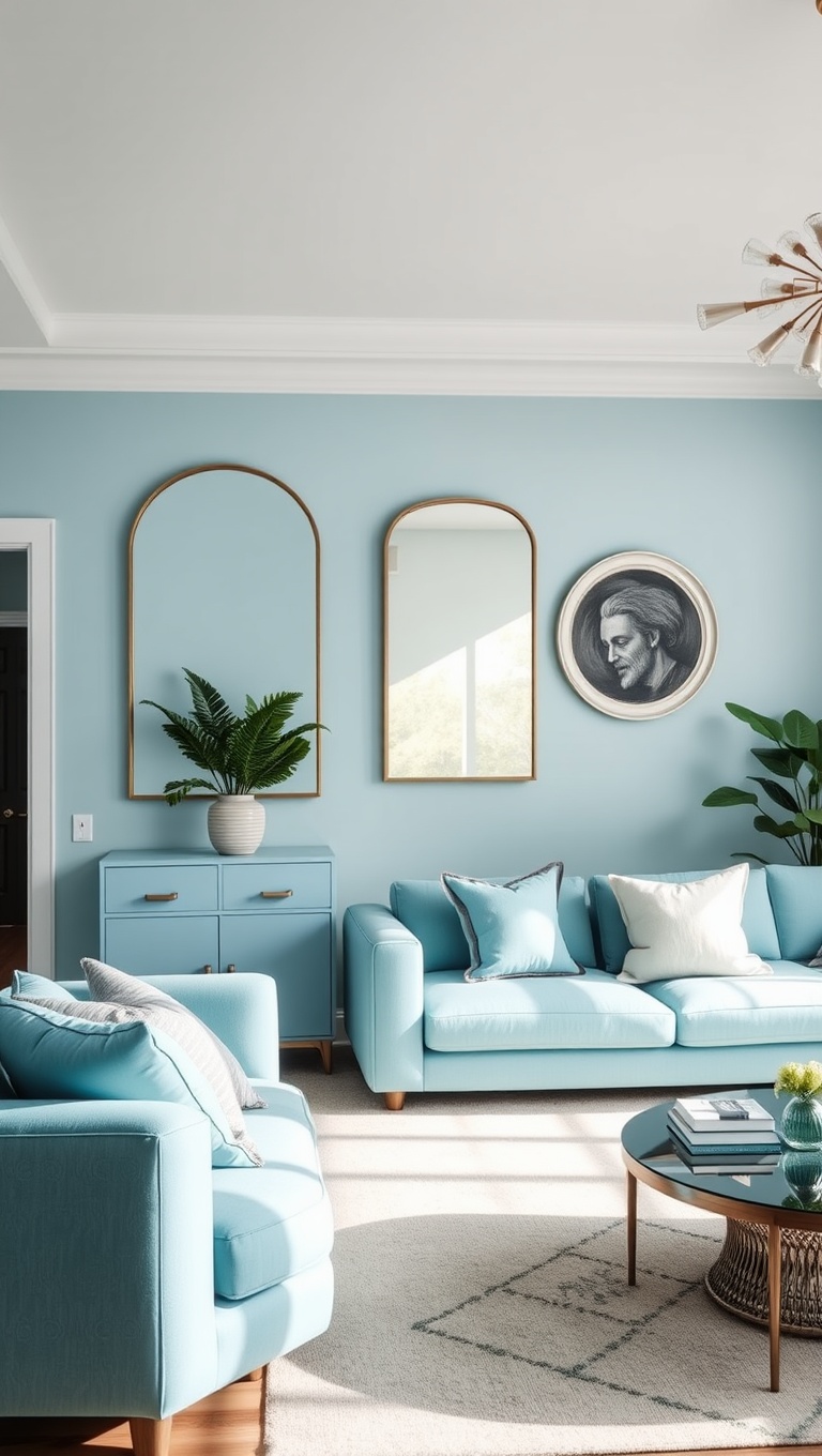 25 Stunning Ideas to Transform Your Living Room with Aqua Colors - 20. Aqua Mirrors to Reflect Light and Space