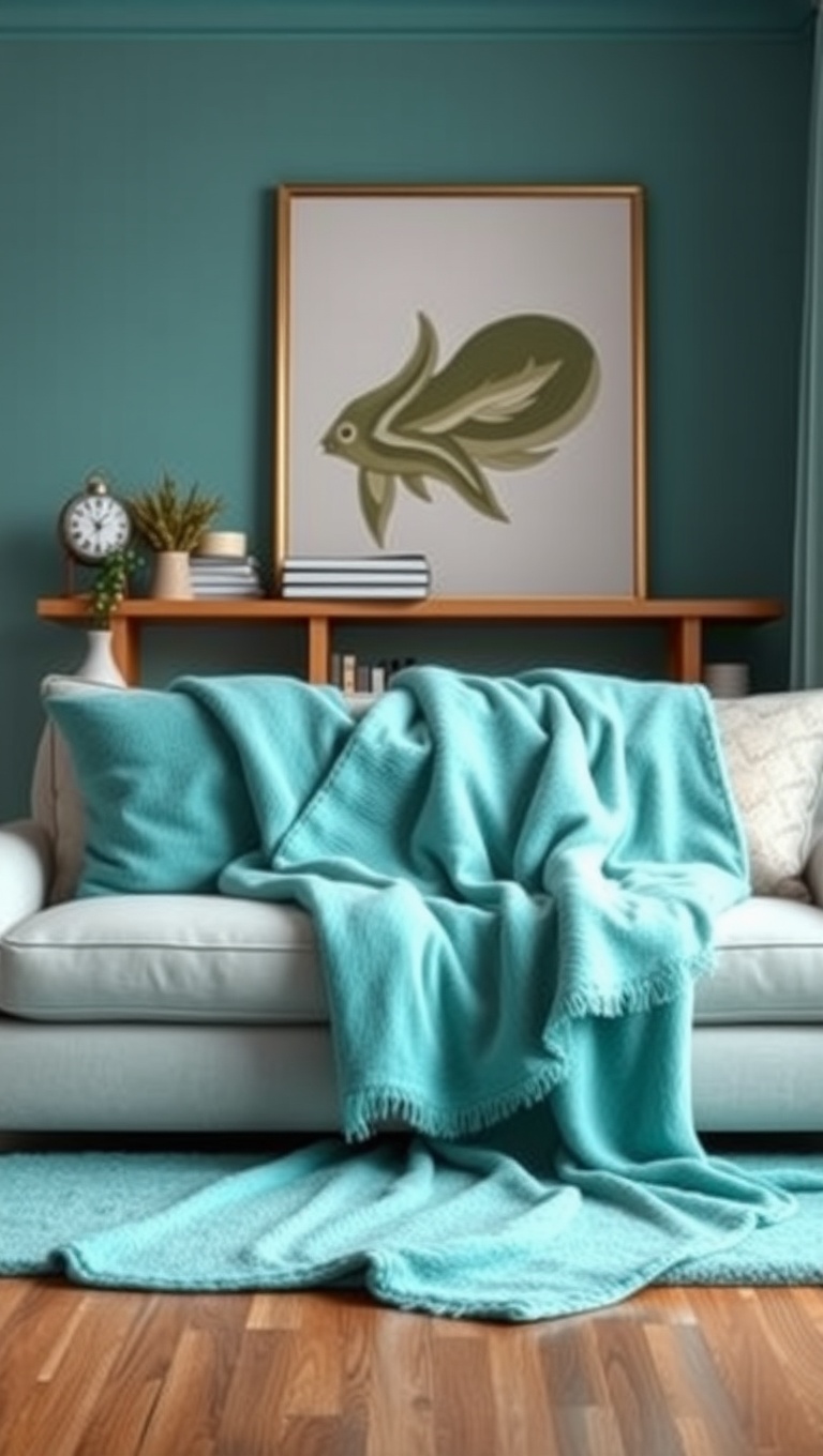 25 Stunning Ideas to Transform Your Living Room with Aqua Colors - 24. Aqua Throw Blankets for Cozy Evenings