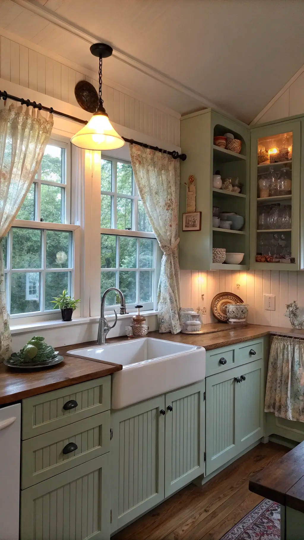 charming cottage kitchen with green cabinets, beadboard backsplash, open shelves with vintage pottery, corner windows with cafe curtains, and warm pendant lighting
