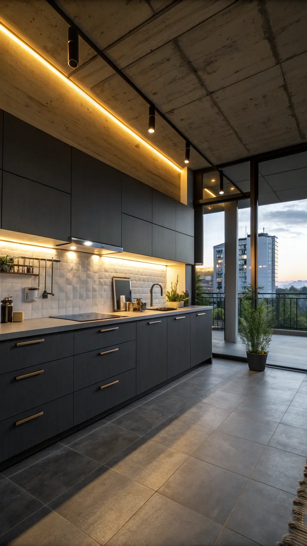 industrial modern kitchen with charcoal cabinets, LED strip lighting, large concrete-look tiles, and pendant lights over peninsula