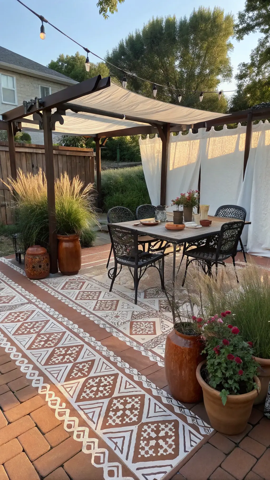 Chic budget-friendly dining terrace with geometric stenciled floor, vintage black metal furniture, terracotta pots with grasses, DIY copper pipe pergola with white fabric, brass lanterns, and potted lavender under afternoon sun