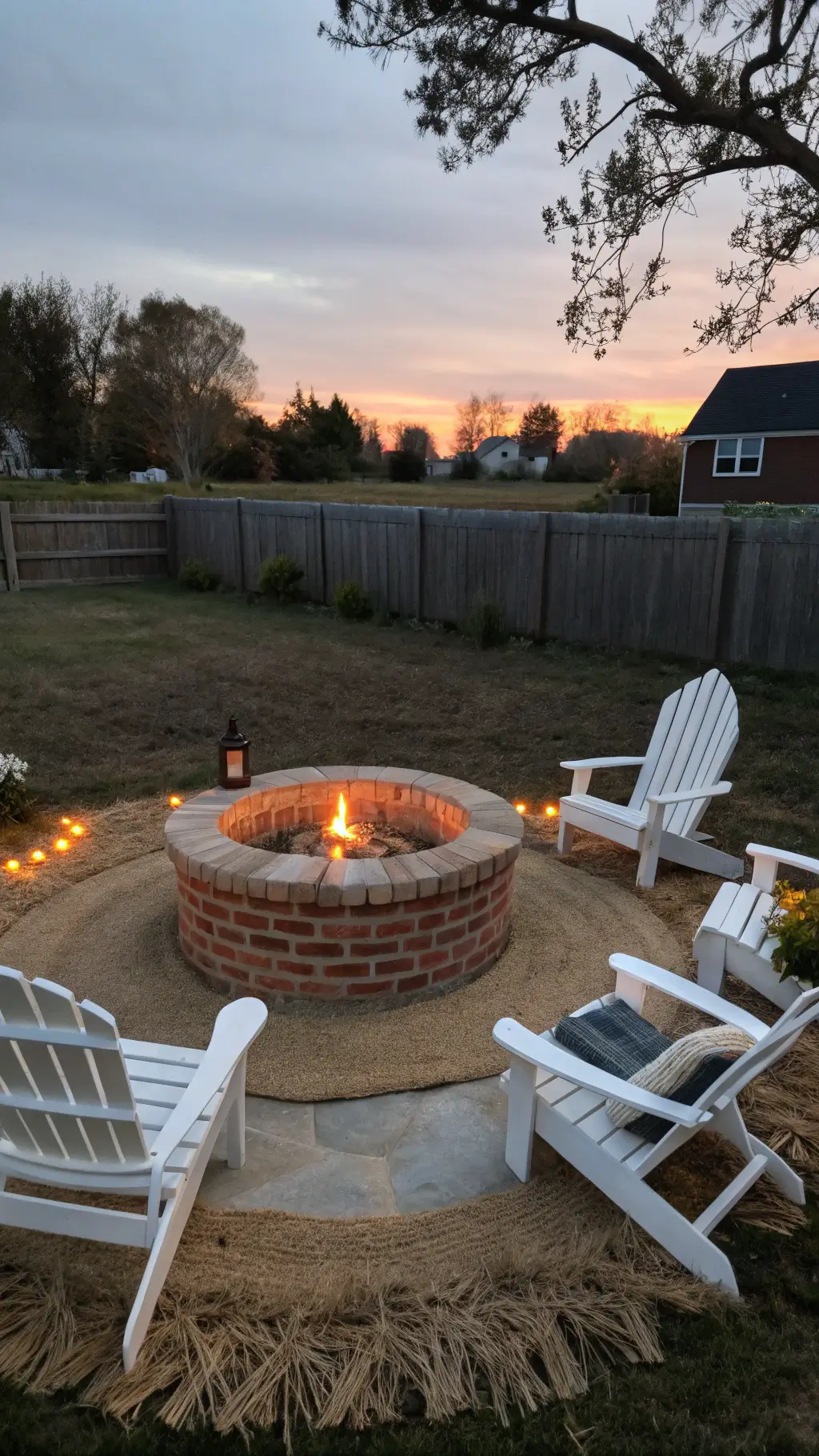 Inviting outdoor gathering spot with DIY brick fire pit, mismatched white painted chairs on jute rug, recycled wine bottle tiki torches at dusk