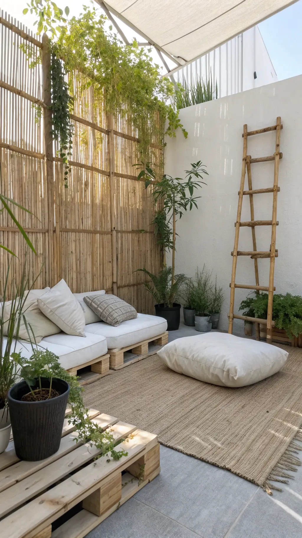 Serene garden reading nook with bamboo privacy screen, floor cushions on pallets, climbing plants, and natural light